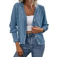 thumbnail image 2 of Women'S Pearl Trimmed Button Up Cardigan, Fashionable and Versatile Knitted V-Neck Long Sleeved Sweater Blue XL, 2 of 8