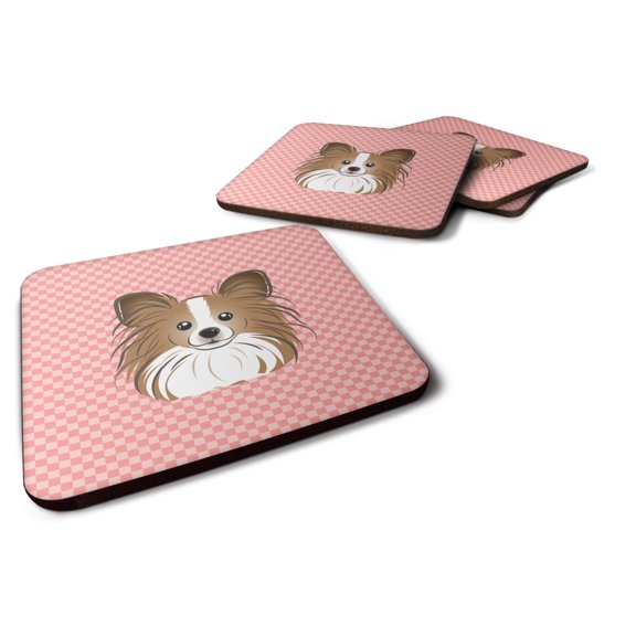 Carolines Treasures BB1248FC Checkerboard Pink Papillon Foam Coaster Set of 4 3 1/2 x 3 1/2 multicolor