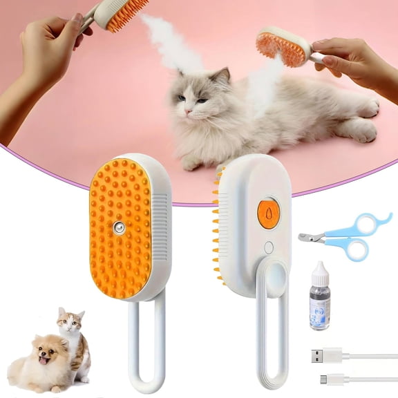 3.35*6.69 Inch Cat Steam Brush 3 in 1 Pet Hair Grooming Tool Supply for Shedding With Soft Silicone Bristle Release Button for Short Hair Cats & Dogs Hair Removal