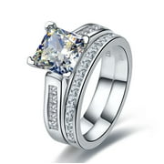 2 Carat Princess Cut Moissanite Wedding Set - Bridal Set - Engagement Ring - Channel Set Ring - Cluster Ring - 18k White Gold Over Silver