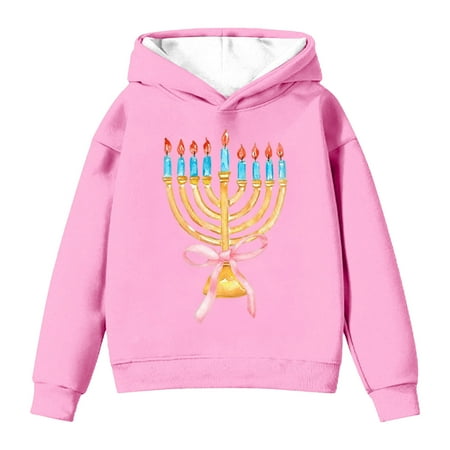 Ulitacool Sweatshirts For Teen Girls Round Neck Letter Prints Hanukkah Menorah Hooded Sweatshirt Pullover Kids Hoodie Shirt Long Sleeve Blouse Fashionable Clothes Pink 11-12 Years