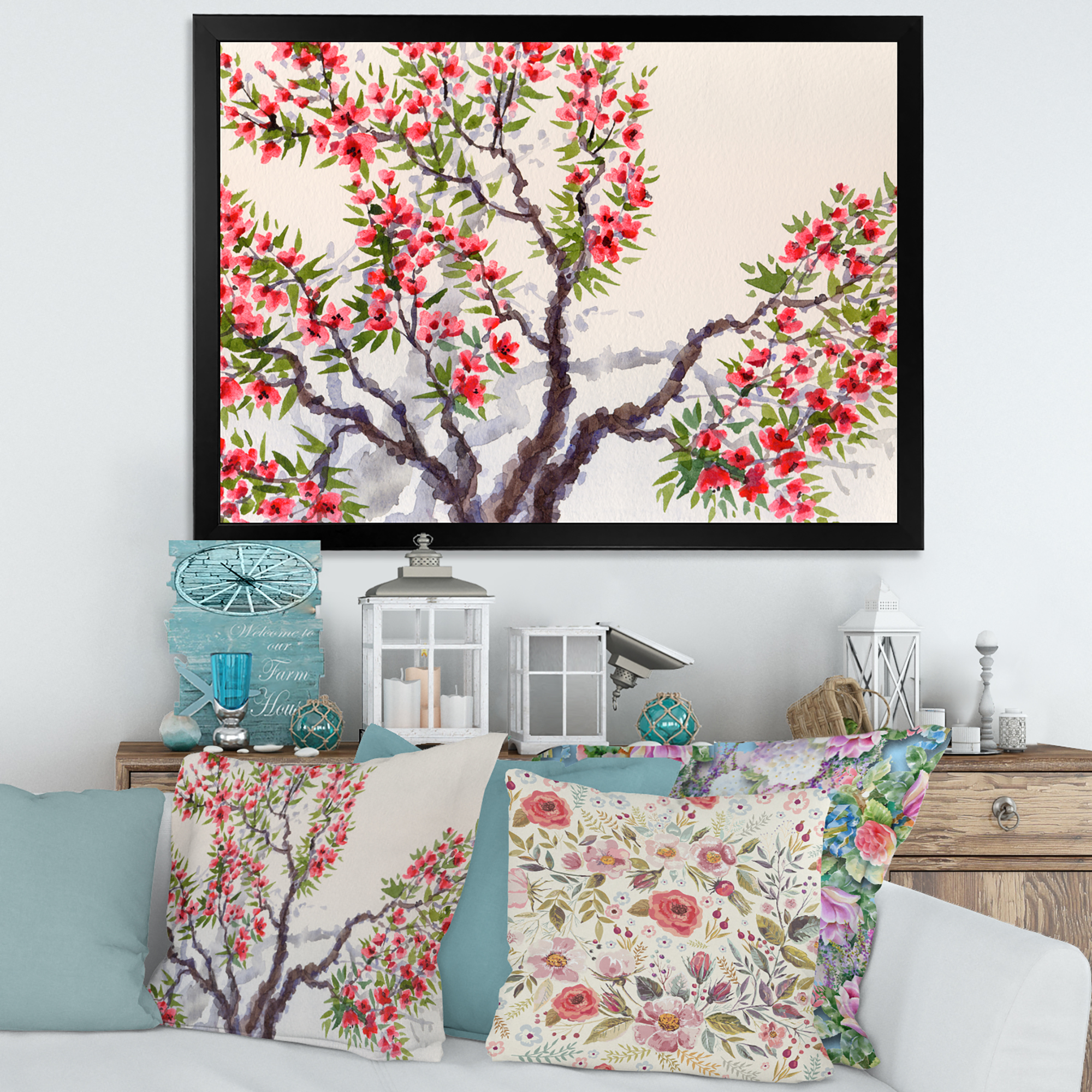 Red Flowers On The Spring Blossoming Tree II 40 in x 30 in Framed Painting Canvas Art Print, by Designart