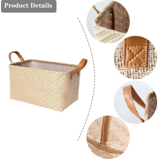 Jute Storage Baskets Natural Woven Linen Storage Box with Handle for Toys Clothes Bedroom Beige Small