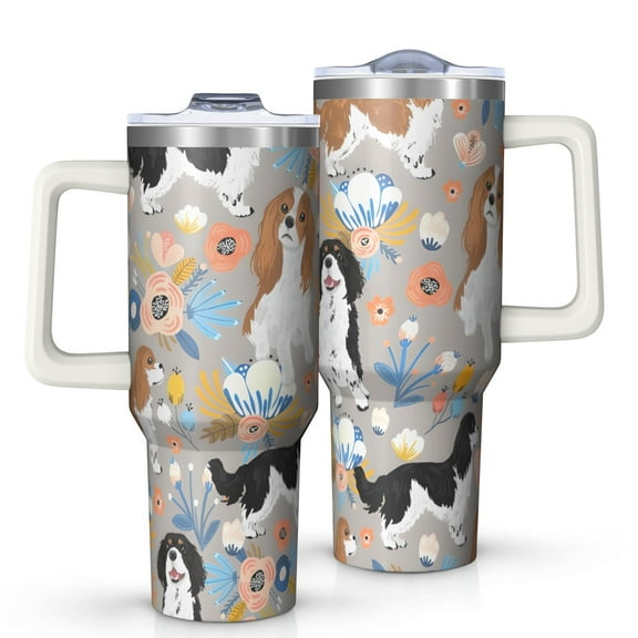OBREWU Cavalier King Charles Spaniel Dog and Flower Tumbler with Handle and Lid,Cavalier King Charles Spaniel Dog and Flower 40oz Double Wall Vacuum Insulated Tumbler,Cups Gift for Women and Men