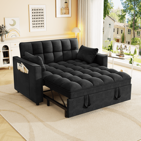 Convertible Sleeper Sofa Bed, Comfy Velvet Pull Out Sofa Bed with Adjustable Backrest, Pillows and Side Pockets, Modern Loveseat Sofa Couch for Living Room, Apartment, Black