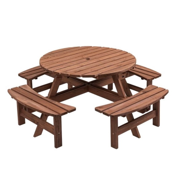 8 Person Picnic Table Outdoor, Circular Wooden Patio Table with Benches, Fir Wood Garden Dining Set, Gray