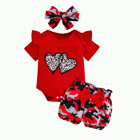 TOWED22 Baby Girl Summer Clothes Cute Bowknot Romper Shorts Outfits Ruffle Short Sleeve Bodysuit Tops Newborn Set Outfit(Red,9-12 M)
