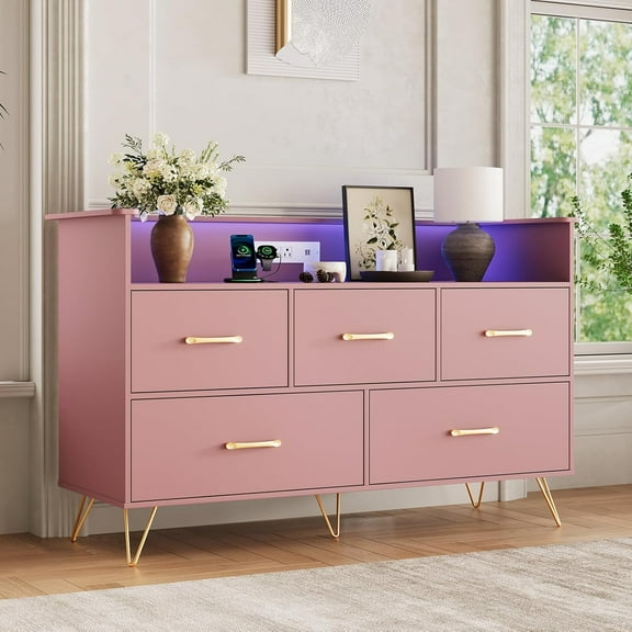 Dresser for Bedroom with LED Lights,47"Wide 5 Drawer Bedroom Dresser with Charging Station,Modern Storage Chest of Drawers for Entryway, Hallway, Living Room