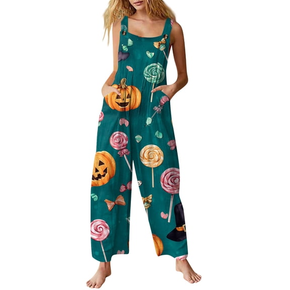Womens Halloween Jumpsuits Skull Pumpkin Halter Backless Funny Rompers Skeleton Castle Wide Leg Horror Overalls, 2XL