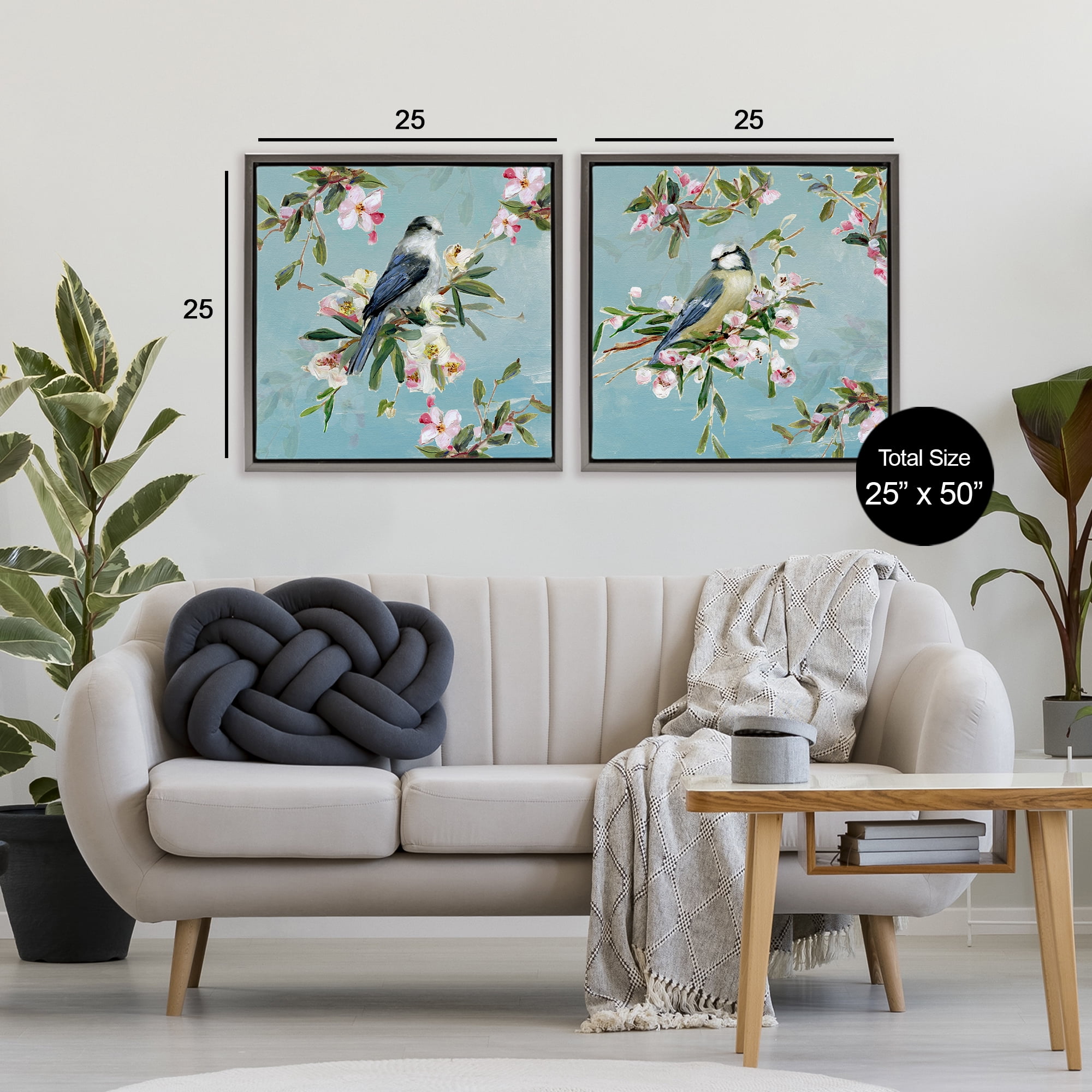 Stupell Industries Songbirds Among Spring Blossoms 2 Piece Gray Framed Floater Canvas Set, design by Sally Swatland