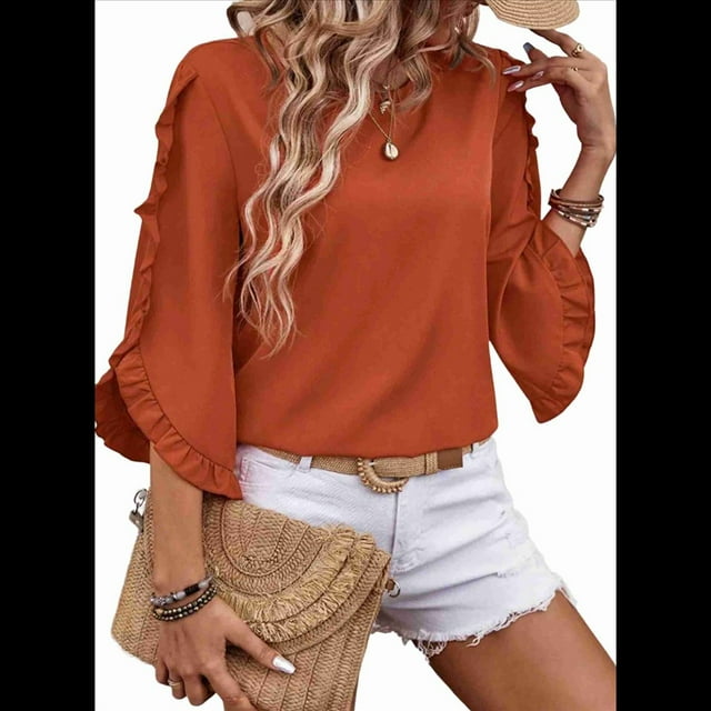 Top de Encaje con Cuello Redondo y Mangas Cuartos Irregulares, Color Naranja, Talla M