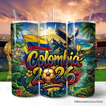Bumpkit Colombia 2026 Soccer Cup Global Championship 20oz Tumbler With Lid and Stainless Steel Straw, Fans Football Gift Cup, White