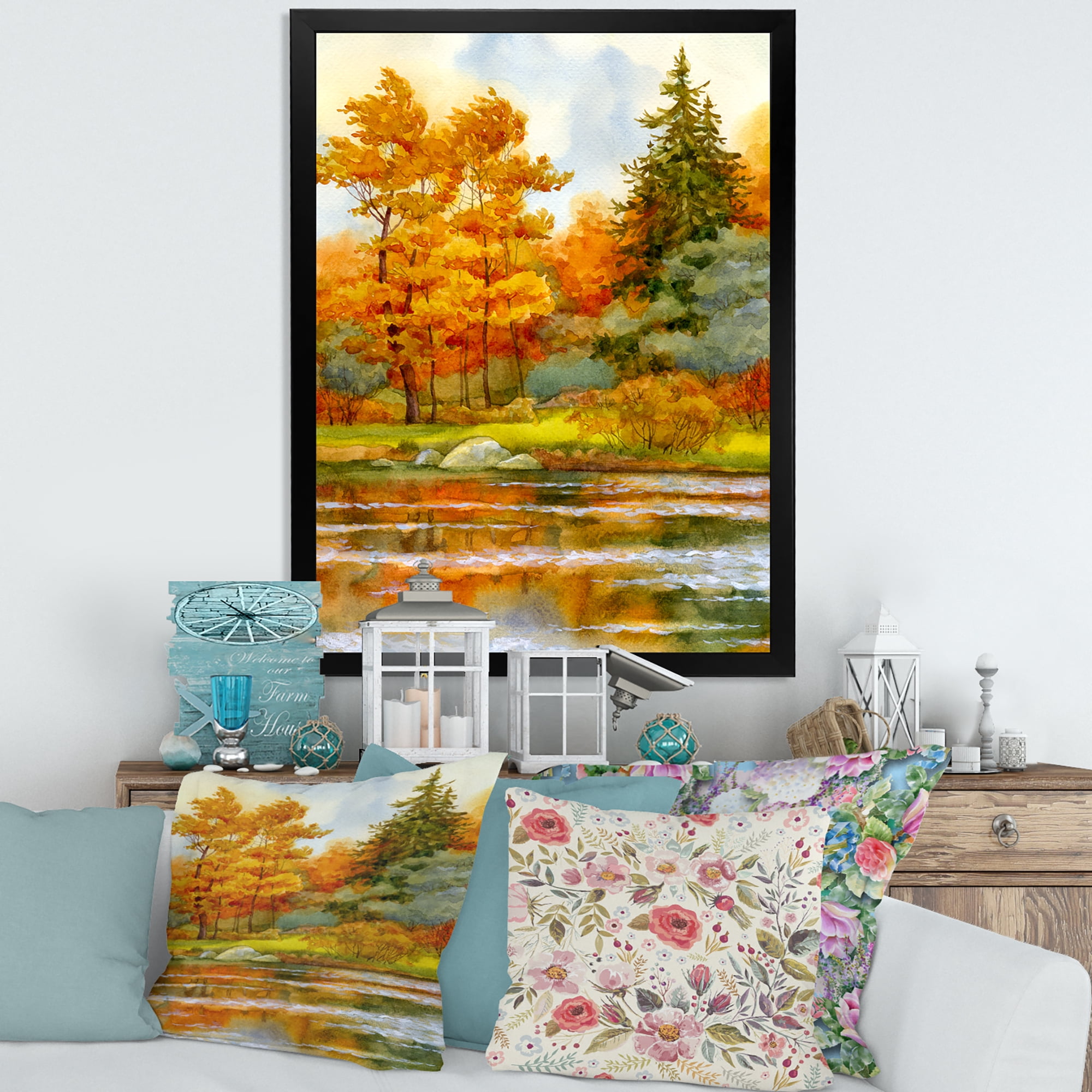 Designart 'Autumn Forest By The Lake Side III' Lake House Framed Art Print