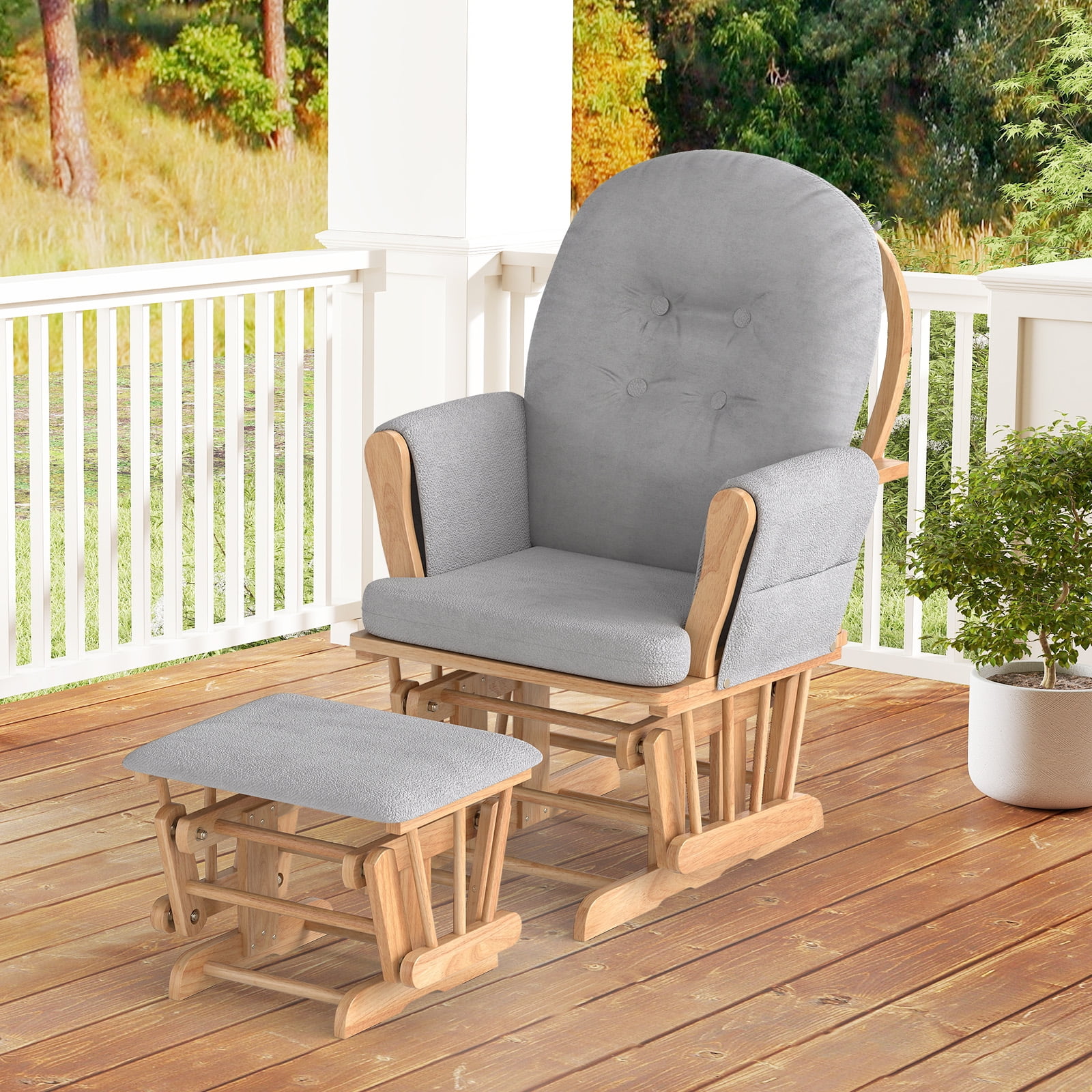 Gymax Glider & Ottoman Cushion Set Wood Baby Nursery Rocking Chair Glider Gray