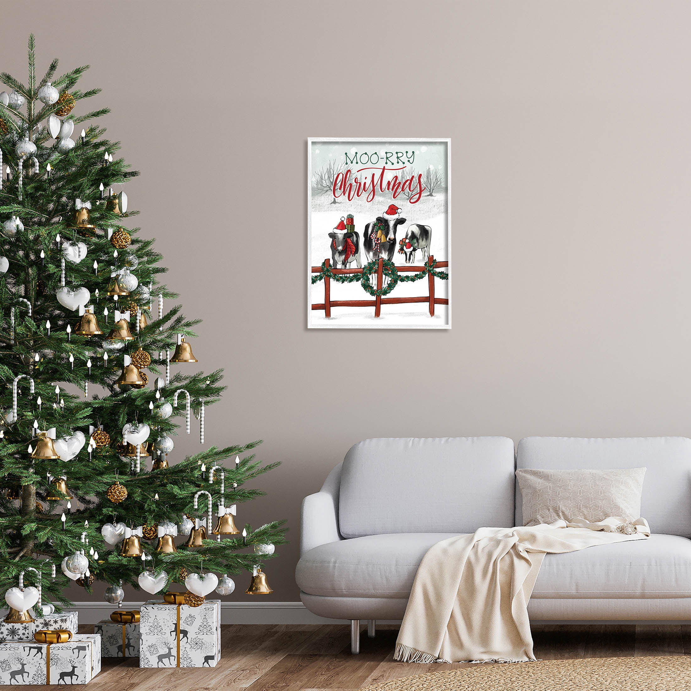 Moo-rry Christmas Holiday Snowy Cows Holiday Graphic Art White Framed Art Print Wall Art