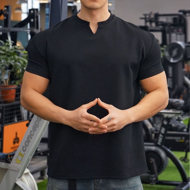 pstuiky Camisa de manga corta para hombre, Blusas casuales de verano para hombre, de manga corta, color liso, con cuello en V, holgadas y elásticas, para fitness camisas casuales para hombre m
