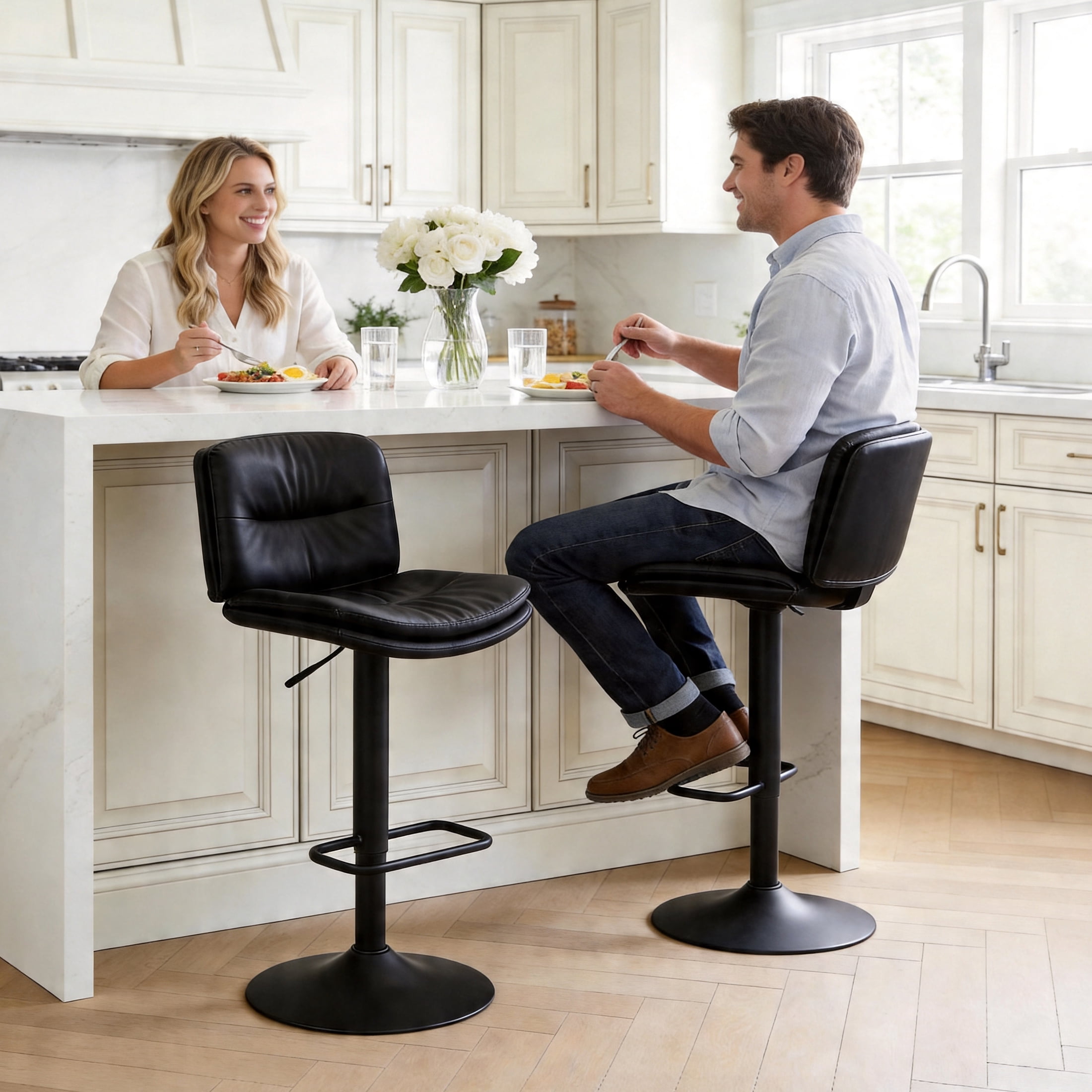 FIRAVOE Swivel Bar Stools Set of 2, Double-Layer Upholstered Counter Height Bar Stools with Back, PU Leather Height Adjustable Barstools for Kitchen Island, Black