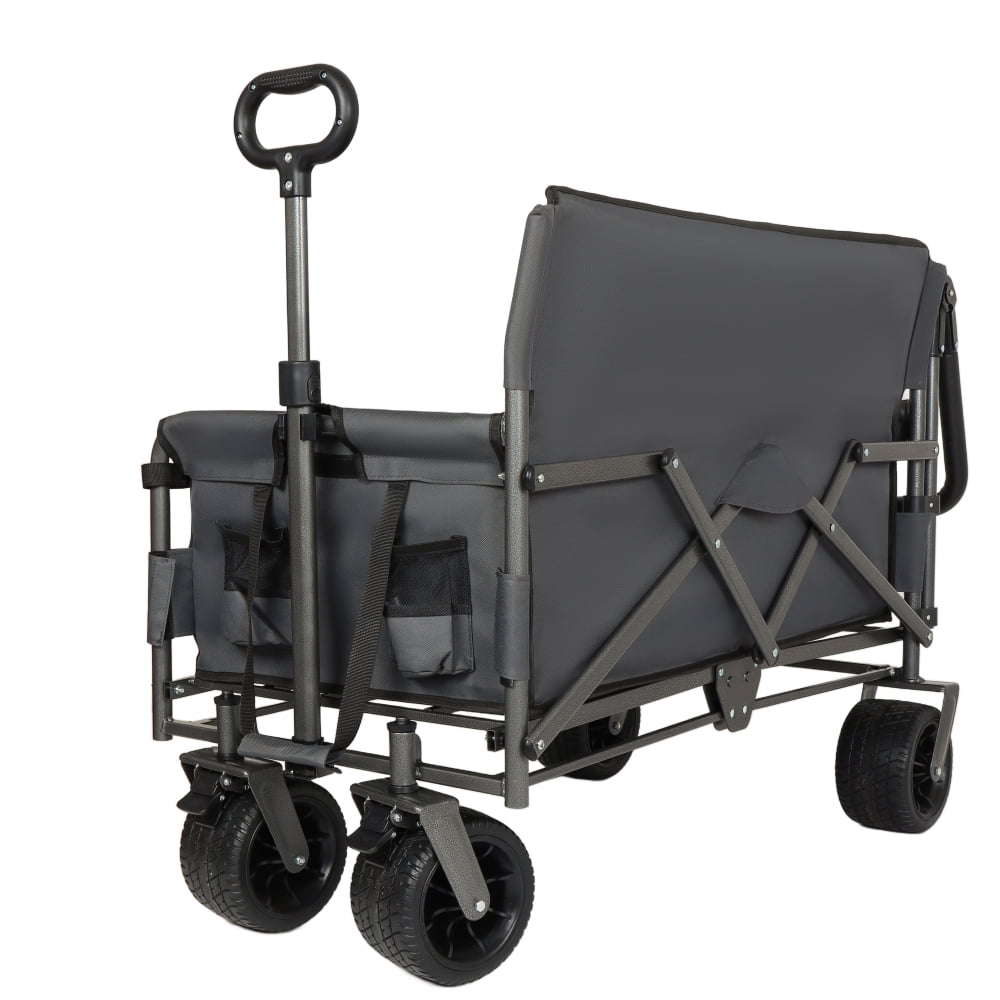3-in-1 Folding Wagon Cart with Bench Seat,Canopy and Storage, All-Terrain Wagon with Back Pocket,Cup Bags, Adjustable Handle,500lbs Capacity,Heavy Duty Utility Cart for Camping,Beach,Sports,Gray