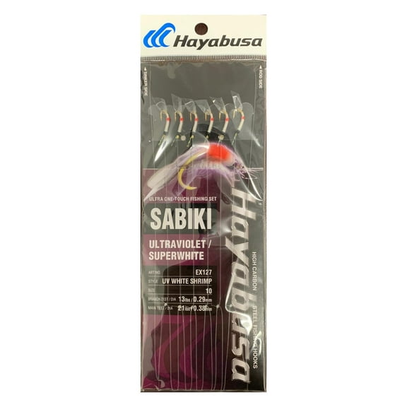 Hayabusa EX127-10 UV White Shrimp Sabiki Fishing Rig Size 10, 6-hooks, Main 21lb