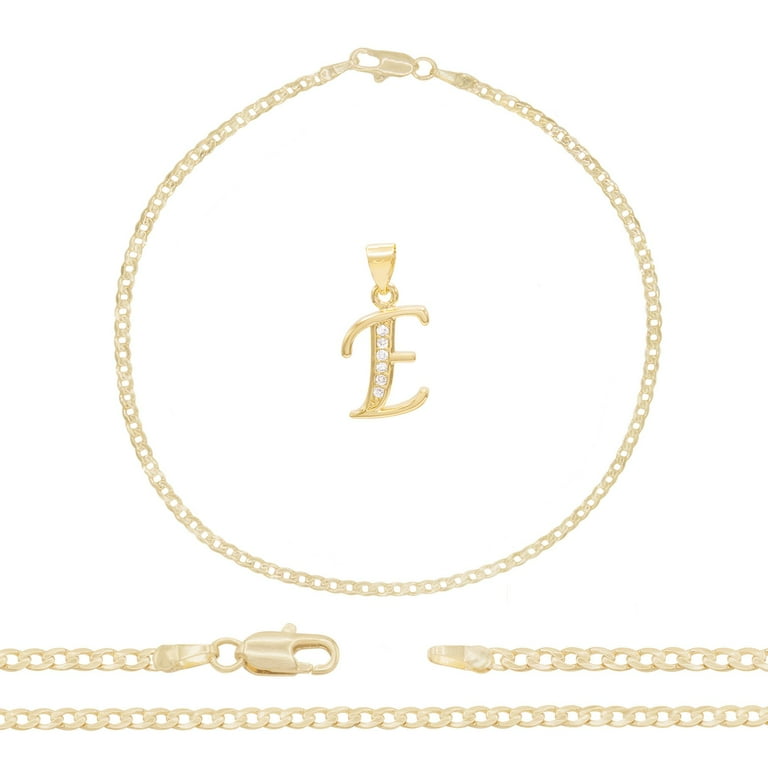 BEBERLINI Initial Letter E CZ Pendant 14K Gold Filled Cuban Link Anklet Set 2.5 mm Chain 10