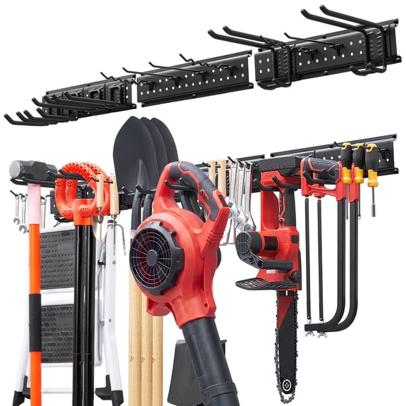 KFFKFF Garage Tool Organizer 49.5 Inch Wall-Mounted Storage Rack, Heavy-Duty Hanging System with 3 Rails and 12 Adjustable Hooks, Supports 600 lbs, Ideal for Garden Tools, Shovels, Rakes, and Sheds