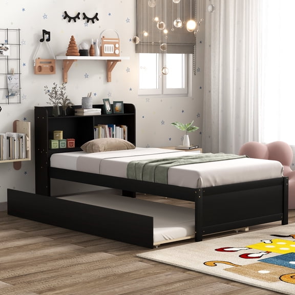 Pinovk Twin Bed with Trundle,Bookcase,Espresso
