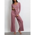 thumbnail image 3 of KelaJuan Women's 2 Piece Casual Outfits Long Sleeve V Neck Knit Tops Solid Color Ribbed Wide Leg Pants Sets, 3 of 6