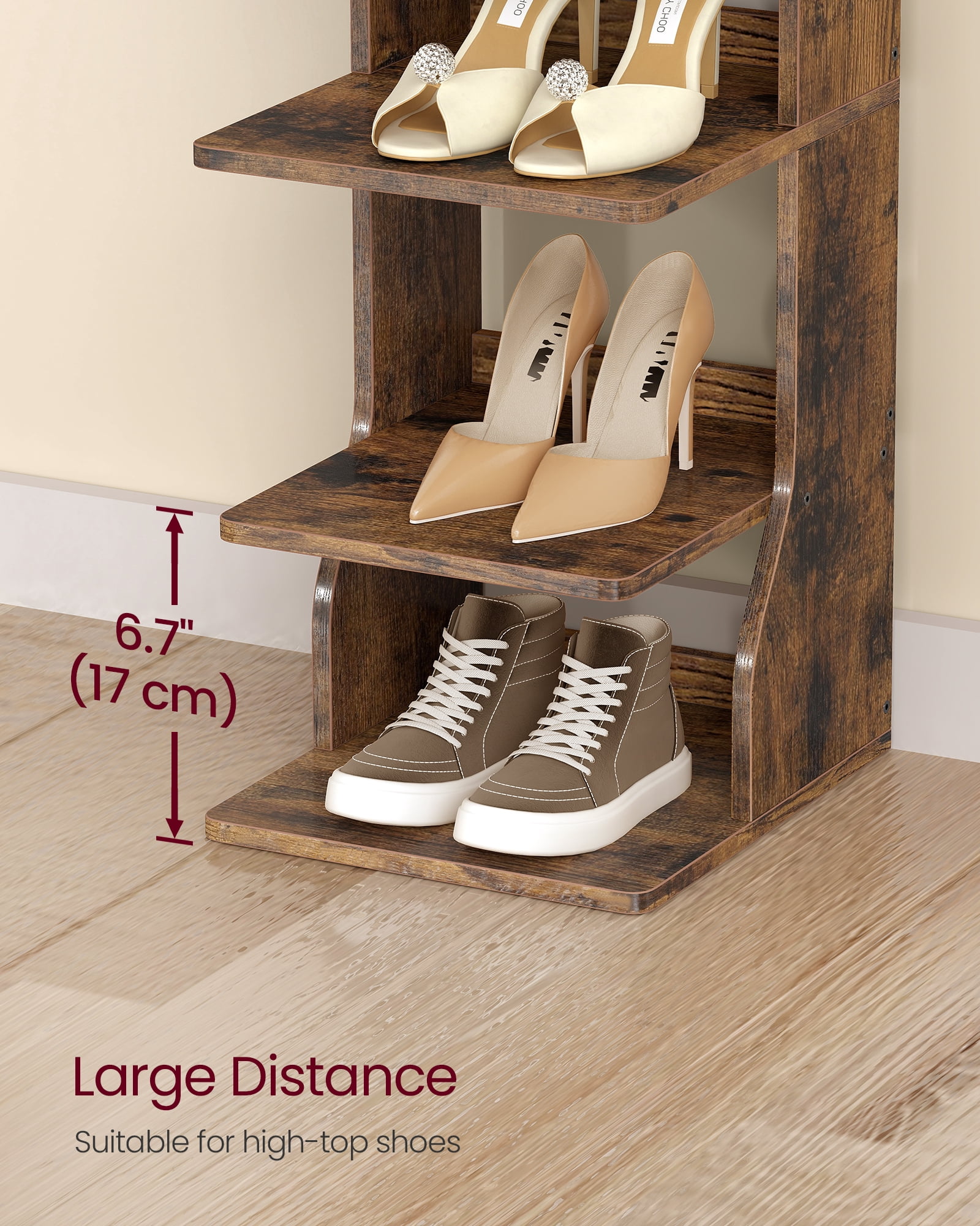 VASAGLE 7-Tier Vertical Shoe Rack, Narrow Shoe Storage Organizer with Hooks, Corner Tower Shelf, Space-Saving for Entryway and Bedroom, Rustic Brown