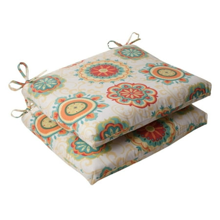 Set of 2 Retro Floral Medallion Outdoor Patio Square Chair Cushions 18.5
