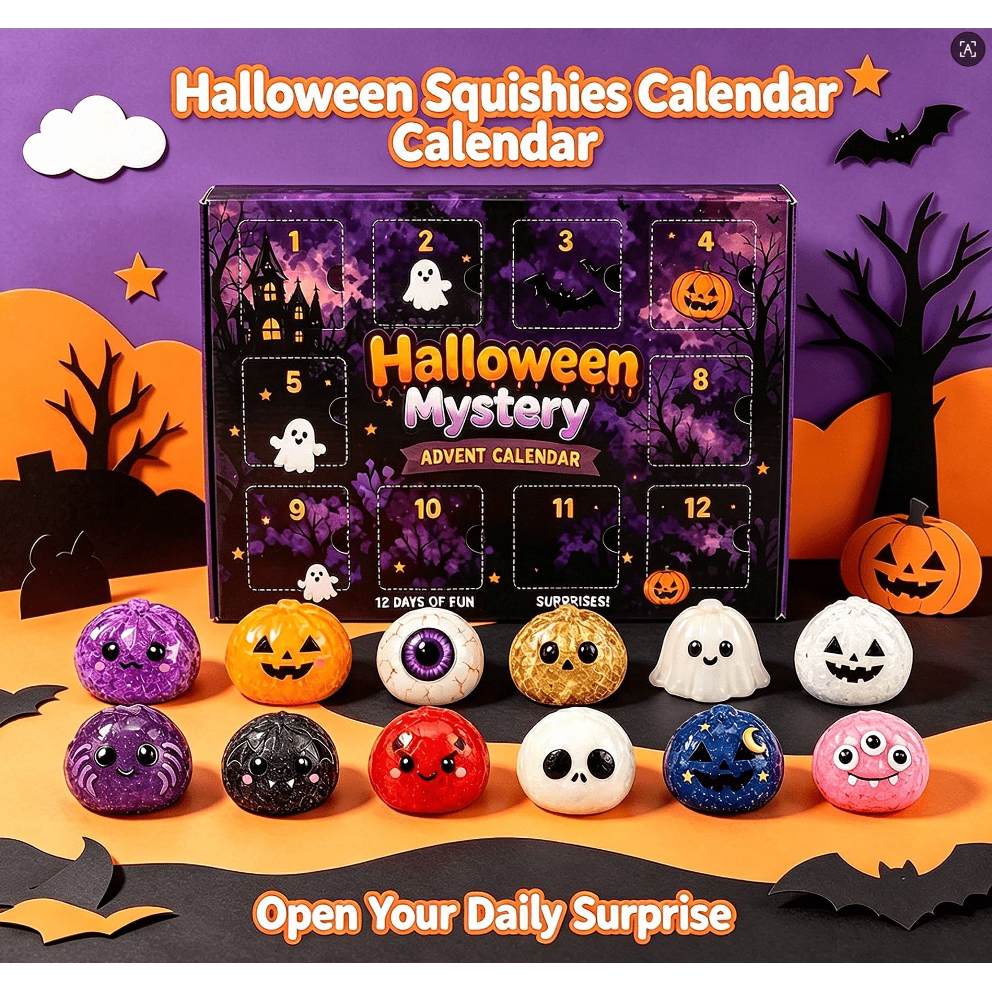 12 Grid Halloween Mystery Countdown Advent Calendar Assorted Cute Halloween Bun Squishies Fidget Toys Soft Stretch Stress Relief Blind Box for Holiday & Birthday Gift