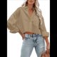 thumbnail image 2 of Camisas de Mujer con Botones, Tops Casuales de Larga, Blusa con Solapa y Bolsillo en el Pecho Caqui XXL, 2 of 8