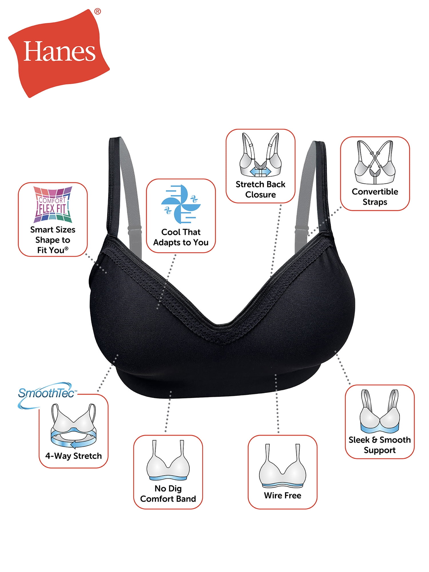 Hanes Womens Wireless Bra, Smooth Comfort Full Coverage Bra, Foam Cups, Convertible Bra Straps