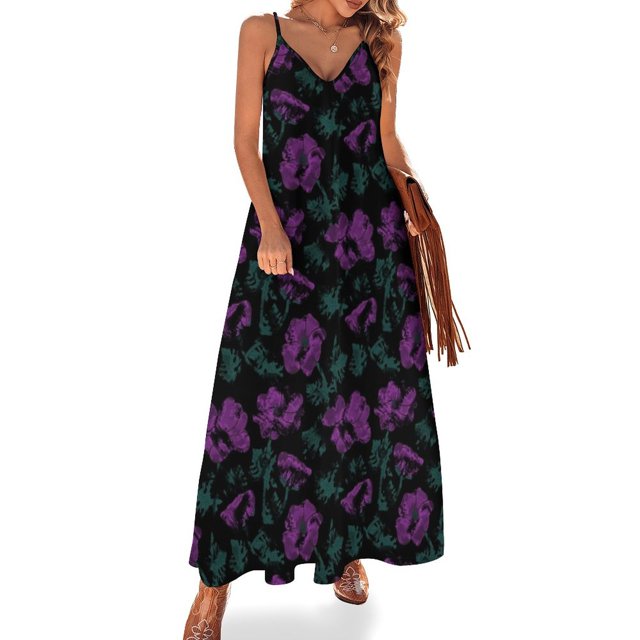 Flores moradas sobre fondo negro Vestido sin mangas Vestidos para mujer Vestidos de fiesta