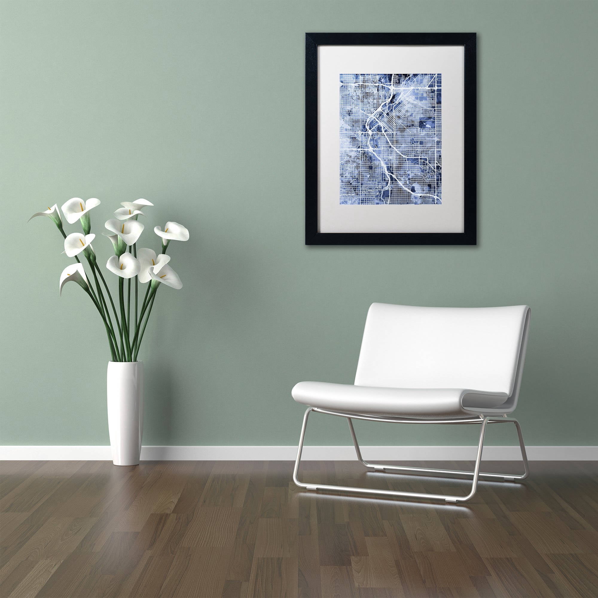 Trademark Fine Art "Denver Colorado Street Map B&W" Canvas Art by Michael Tompsett, White Matte, Black Frame