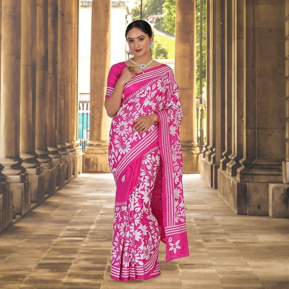 Pink Banglore silk Sari with Kantha hand embroidery Size: XXS, Color: Pink