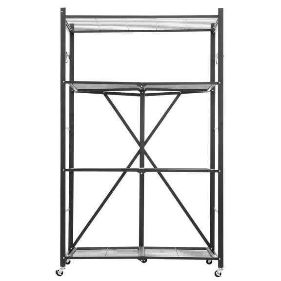 KFFKFF 4-Tier Foldable Storage Shelf with Wheels, 36-inch W x 21-inch D x 60-inch H Metal Rack Shelving Unit, Durable Organizer Shelf for Garage, Kitchen, Basement, Black