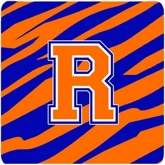 Monogram - Tiger Stripe - Blue Orange Foam Coasters Initial Letter R, Set - 4
