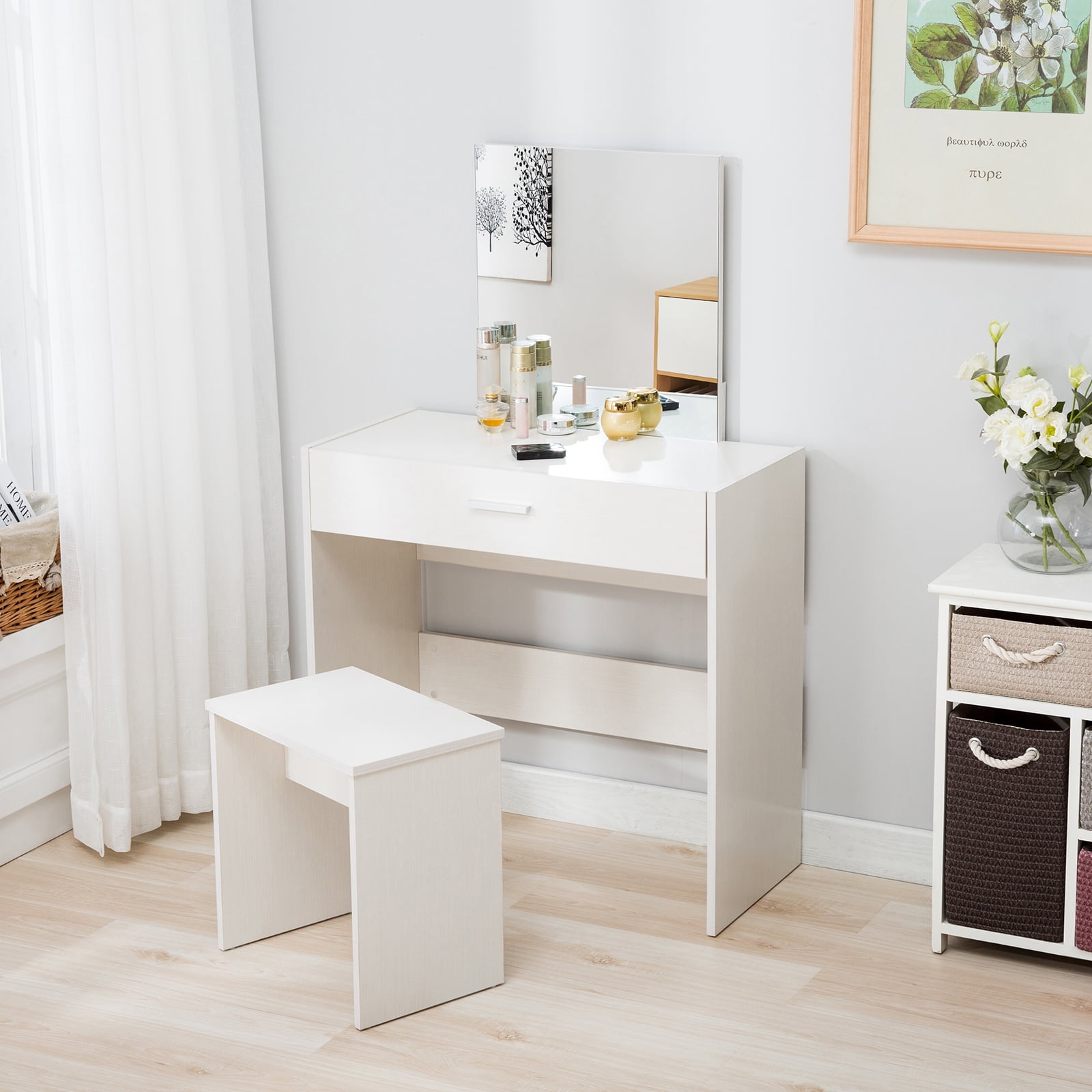 White Dressing Table Stool Luxury Mirror Drawers Vanity Mecor Bedroom Makeup Set 