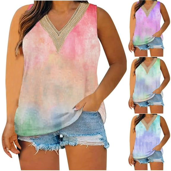 USSUMA Summer Tops for Women 2025 Womens Tank Tops Sleeveless V Neck Loose Casual Plus Size Tops for Women Lace Tunic Retro Tshirt Loose Tee Camping Light Blue Up to 45% off Tank Top for Women L