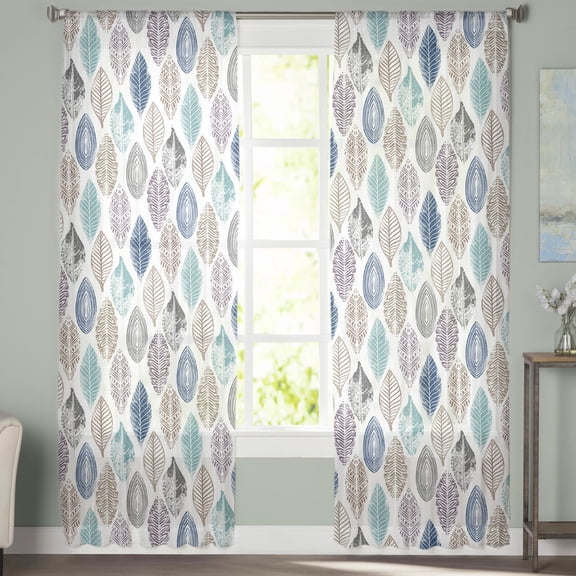 Sheer Curtains 108 inches Long, Leaves Specimens Blue Khaki Teal Purple White Background Light Filtering Sheer Window Curtains Rod Pocket Voile Drapes for Bedroom Living Room, 52"W x 108"L 2 Panels