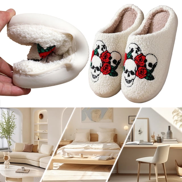 Pantuflas rosa esquelética felpa Halloween suaves para hombres y mujeres 40-41