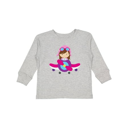 

Inktastic Pilot Girl Airplane Plane Flying Brown Hair Girls Long Sleeve Toddler T-Shirt