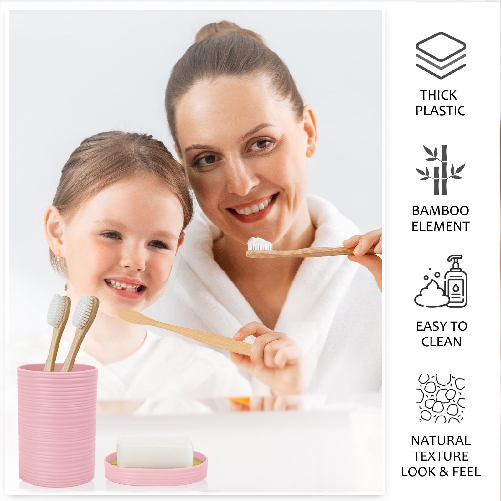 CERBIOR Bathroom Accessories Set 6 Pcs Bathroom Set Ensemble Complete Soap Dispenser Toothbrush Holder Tumbler Soap Dish Toilet Cleaning Brush Trash Can, Pink
