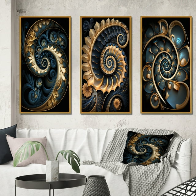 Designart "Fractal Flower Retro Gold and Teal Beauty VI" Fractals Framed Wall Art Set Of 3 - Gold Transitional Frame Canvas Set For Living Room Decor