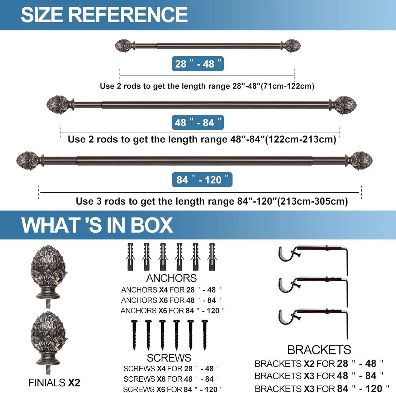 Urbanest Adjustable Single Curtain Rod Set Gold Artichoke Finials – 1 - Inch Diameter, With Bronze Rod, 28–48 Inches