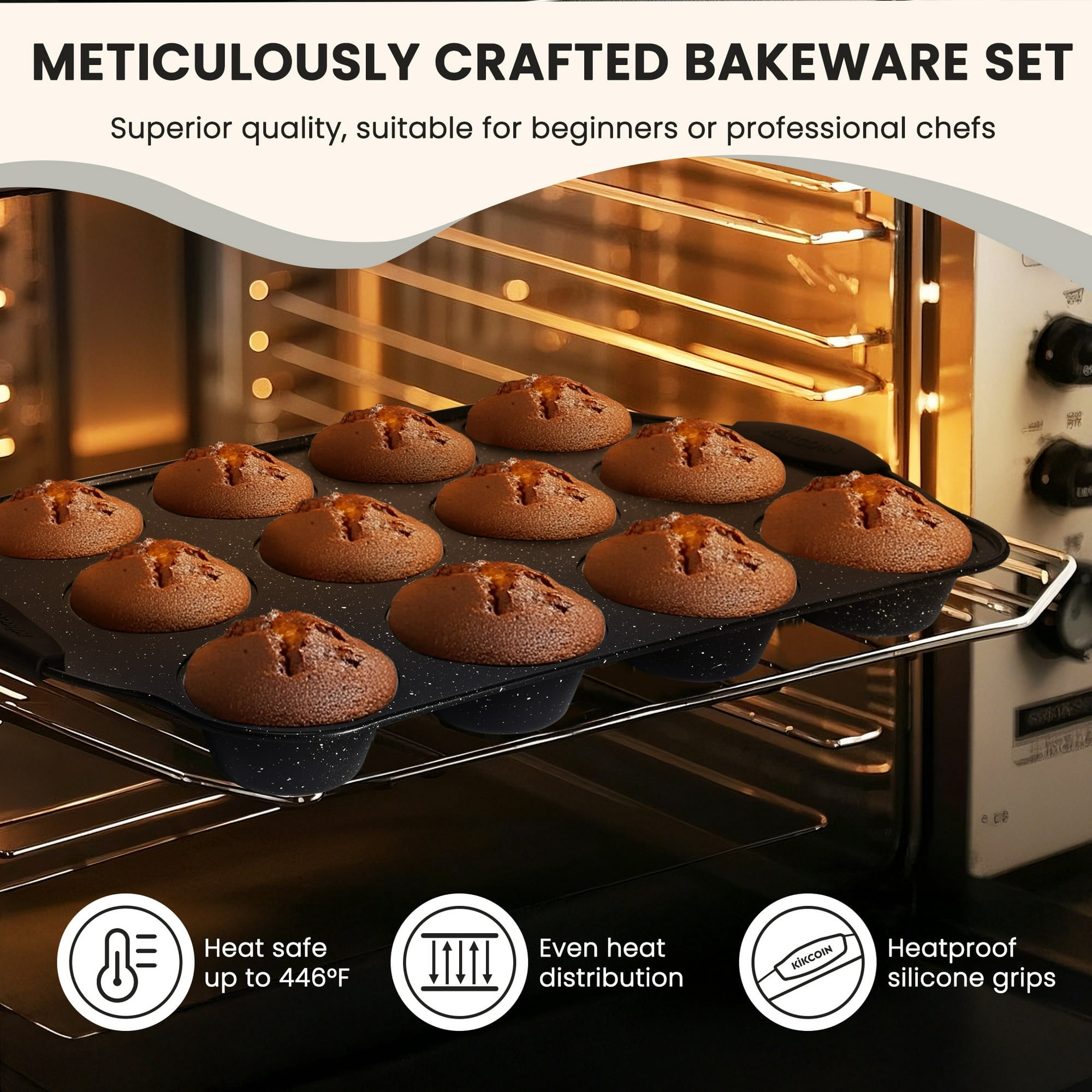 Kikcoin Bakeware Set, Carbon Steel Baking Pans Set, Baking Sheet Pans for Kitchen with Silicone Handles, Nonstick Cookie Sheets