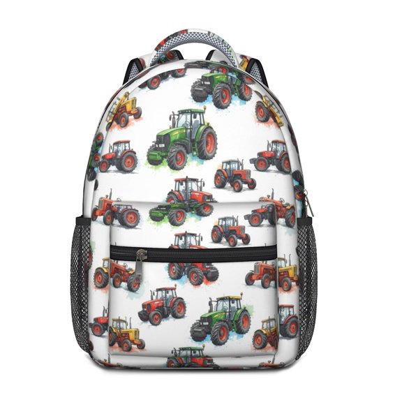 Tractor and Tractors White Pattern Backpack for School, Cute School Bag with Adjustable Shoulder Straps and Padded Back, 15.3"x11"x6.7"