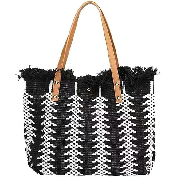 CoCopeaunts Woven Handbag for Women, Fringed Shopping Bag Large Hobo Shoulder Bag for Beach Vocation Travel