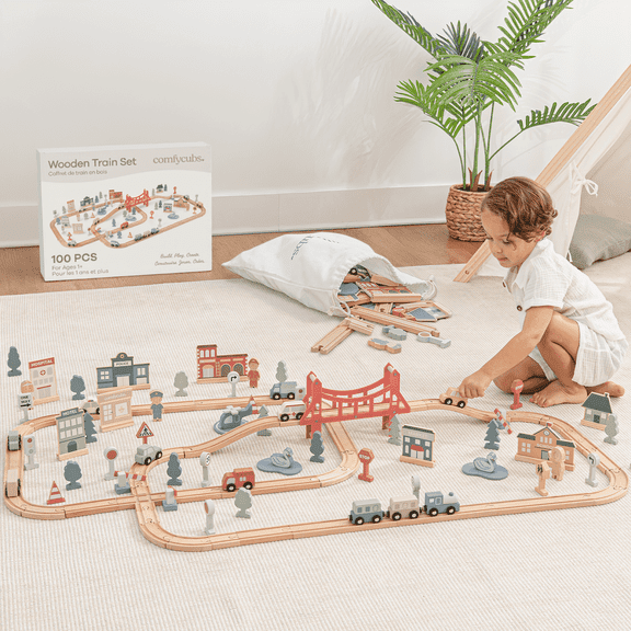 Comfy Cubs 100-Piece Wooden Train Set for Ages 1 , Toddler Train Set with Wooden Toy Tracks Toy Town