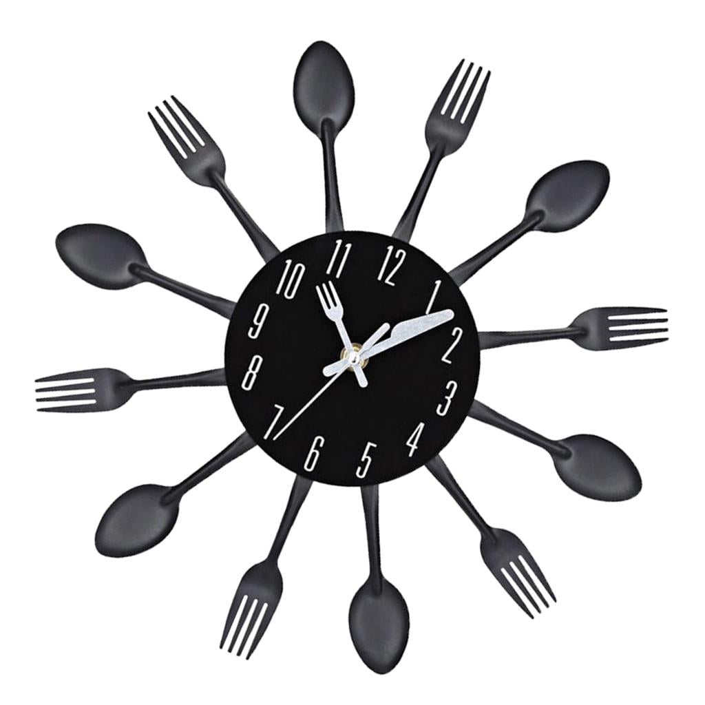 Wall Clock Metal Kitchen Cutlery Utensil Creative Home Decor Wall - Black